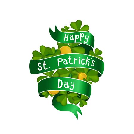 Green isolated set of gild coins, clovers and shiny ribbon. Vector elements for banners,  posters and greetings on St. Patrick's day.のイラスト素材