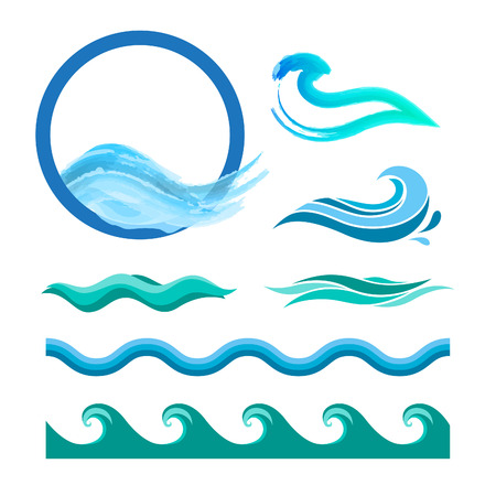 Set of blue ocean waves. Vector logo elements. Sea water icons.