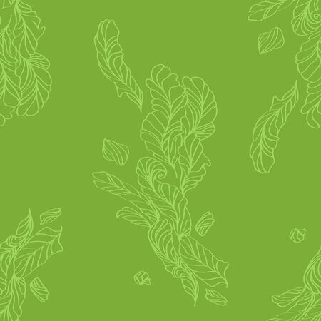 Green minimalistic seamless pattern with feathers. Vector backgroundのイラスト素材