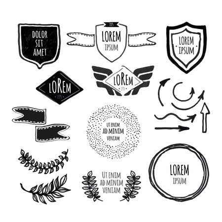 Set of sketched template retro vintage badges, borders, laurels, frames and labels. Hand lettered vector.のイラスト素材