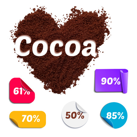 Heart Shaped Realistic Cocoa Powder with Labels. Cacao Percentage Set for Chocolate Packaging.のイラスト素材
