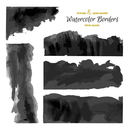 Set of 5 Watercolor Dark Stripes. Black Vector Borders. Hand Drawn Grunge Textures.のイラスト素材