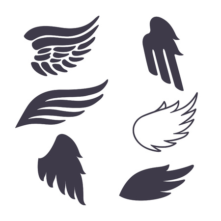 Set of Six Vector Silhouettes Wings. Elements for Logos, Tattoos, Labels and Badges Designs.のイラスト素材