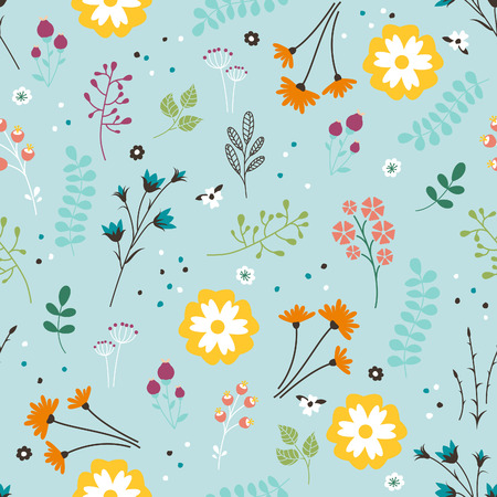 Floral Seamless Pattern. Vector Endless Damask with Flowers, Leaves and Berries. Beautiful Summer Background.のイラスト素材
