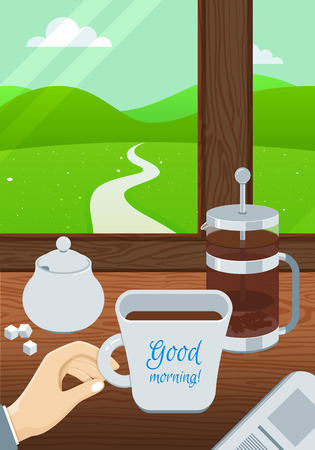 Businessman Morning Illustration with Coffee and Newspaper. Vector Banner.のイラスト素材