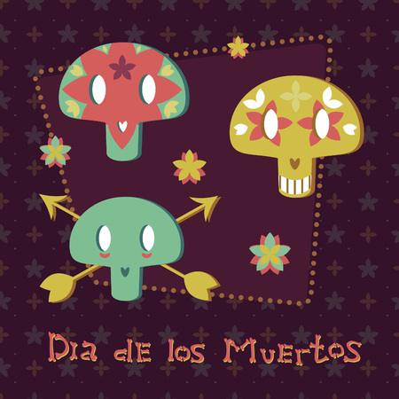 Set of the Mexican cartoon sugar skulls with flowersのイラスト素材