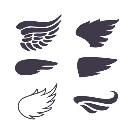 Set of Six Wings Silhouettes. Decoration Elements for Label, Logos, Emblems and Icons. Vector Isolated Tattoo Feathers.のイラスト素材