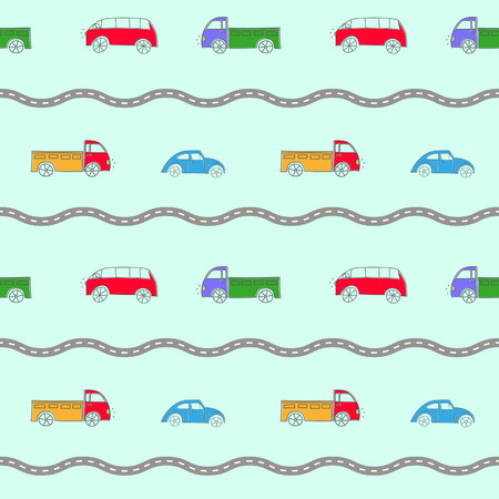 Seamless pattern with cute cartoon cars. Vector backgroundのイラスト素材