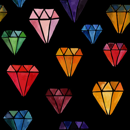 Colorful Seamless Pattern with Watercolor Hand Drawn Diamonds Isolated on Black Background. Vector Endless Texture with Jewels.のイラスト素材
