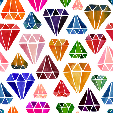 Bright Colorful Seamless Pattern with Watercolor Diamonds. Crystals Isolated on White Background. Vector Endless Texture with Jewels.のイラスト素材