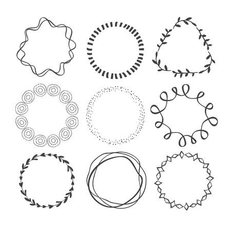 Set of Circle Scribble Frames. Hand Drawn Ink Decorative Round Ornaments. Vector Whimsical Borders.のイラスト素材