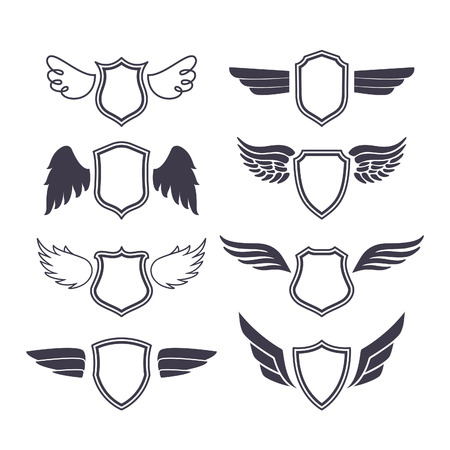 Shields with Wings. Vector Silhouettes. Heraldic Design Elements for, Emblems, Badges and Labels.のイラスト素材