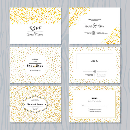 RSVP Cards Set with Gold Confetti Borders. Vector Wedding Invitations Design.のイラスト素材