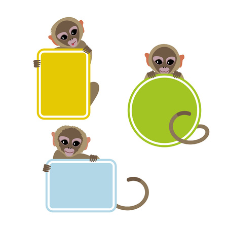 Cute Cartoon Little Brown Monkeys Holding Colorful Frames. 2016 Chinese New Year Symbol. Flat Vector Illustration.のイラスト素材