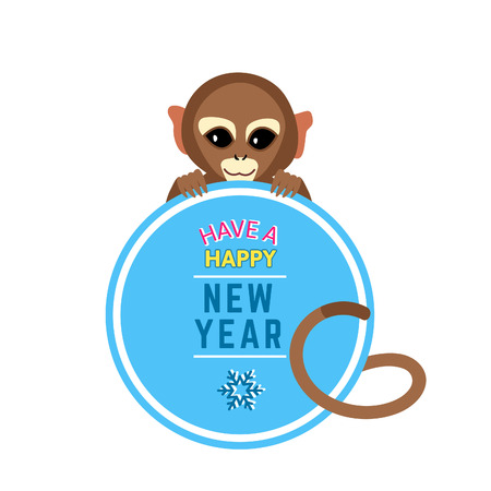 Cute Little Monkey with New Year Wishes Card. Template Holiday Banner. Vector 2016 Chinese New Year Symbol.のイラスト素材
