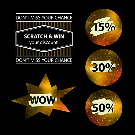Vector Advertising Sale Concept with Scratched Gold Circles and Special Prices. Shiny Lottery Tags with Percents.のイラスト素材