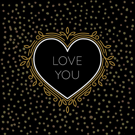 Golden Outline Vector Heart Label with Linear Floral Frame Isolated on Black Background with Gold Dots.のイラスト素材