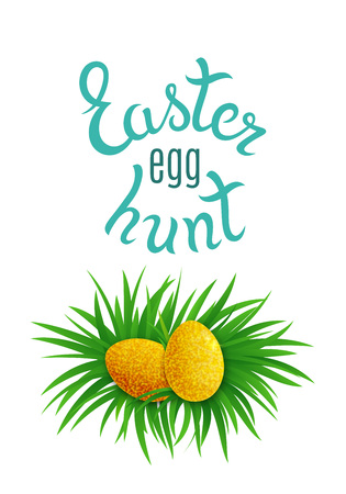 Gold Easter Eggs Hidden in Grass. Easter Egg Hunt Poster. Holiday Party . Isolated on White Illustration.のイラスト素材
