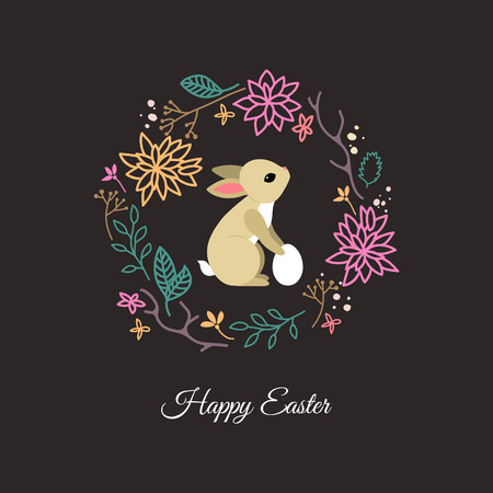 Card with Cute Rabbit in Floral Circle Frame. Happy Easter Awesome Elements on Gray Background. Spring Holiday Concept Card.のイラスト素材