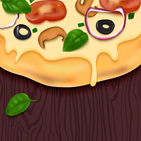 Tasty Vector Pizza on Wooden Table. Fast Food Delicious Background. Realistic Snack Illustration. Colorful Design Concept for Pizzeria Menu, Web Banners or Packaging.のイラスト素材