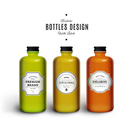 Realistic Colorful Vector Bottles with Vintage Labels. Product Packaging Design. Plastic Container Mock Up.のイラスト素材
