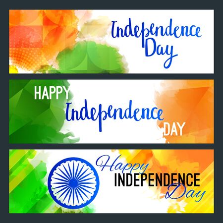 Horizontal Web Banners Concept on Indian Independence Day. Holiday Backgrounds with Lettering Greetings, Ashoka Wheel and Colorful Splashes in Green, White and Orange Colors.のイラスト素材