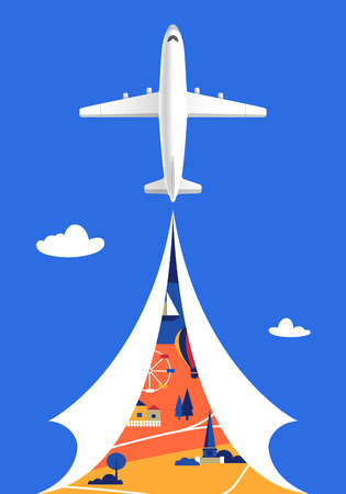 The White Airplane Flying in the Blue Sky with Clouds Over the City. Travel Agency Advertisement Banner Concept. Vector Travelling Illustration.のイラスト素材