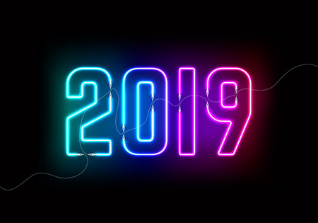 2019 New Year Concept with Colorful Neon Lights. Retro Design Elements for Presentations, Flyers, Leaflets, Posters or Postcards. Vector Illustrationのイラスト素材
