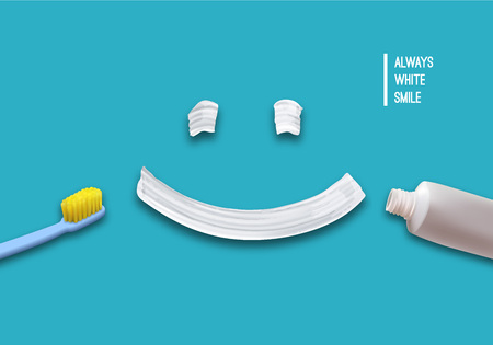 Healthy and Fresh Smile Illustration. White Toothpaste with Toothbrush and Tube of Paste. Vector Medical Banner Design Conceptのイラスト素材
