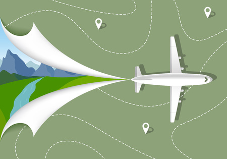 Top View on Flying Airplane. Travel Map with Pins. Travel Advertisement Banner Concept. Vector Vacation Illustration. Holiday in Mountainsのイラスト素材