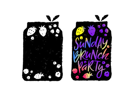 Creative Poster for Sunday Brunch Party. Hand Drawn Fruits and Berries in a Jar. Vector Template Silhouettes of Overnight Oatmeal in Bottle.のイラスト素材