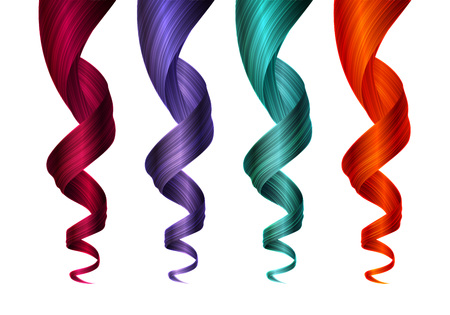 Set of Colorful Wavy Strands of Hair. Vector Realistic 3d Illustration. Design Element for Hairdressers, Beauty Salons, Hair Care Cosmetics, Shampoo, Conditioner or Hair Dye Packagingのイラスト素材