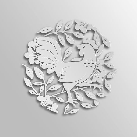 Vector Symbol of 2017 New Year - Rooster. Chinese Zodiac Sign. Paper Cutting Oriental Illustration.のイラスト素材