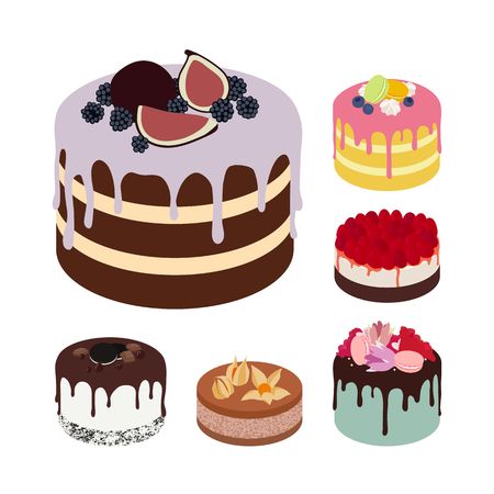 Set of Vector Tasty Cakes Isolated on White Background. Sweet Cakes, Pies and Desserts. Illustrations for Confectionery, Cafe and Greeting Cards.のイラスト素材