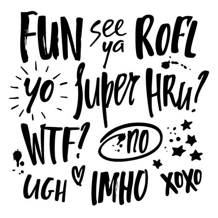 Vector Handwritten Short Communication Phrases. Grunge Chat Slang Quotes. Words with Decorative Elements Isolated on White Background.のイラスト素材