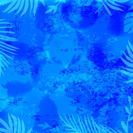 Template Blue Illustration of Sea Bottom with Palm Leaves. Vector Summer Holidays Background. Turquoise Underwater Pattern with Frame.のイラスト素材