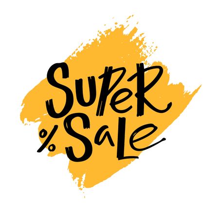 Bright Super Sale Banner with Handwritten Promo Text on Yellow Grunge Texture. Vector Poster or Flyer Design. Super Sale Advertising Banner Conceptのイラスト素材