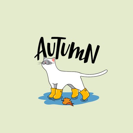 Cute White Cat with Autumn Accessories. Vector Cartoon Character with Handwritten Letteringのイラスト素材