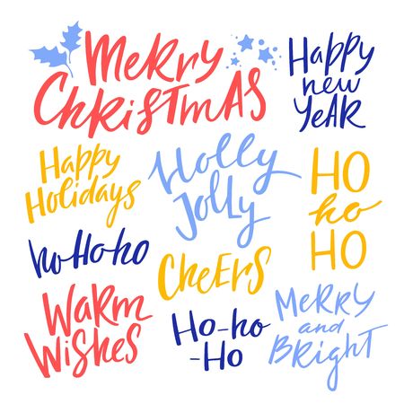 Christmas and New Year Calligraphy Phrases. Vector Handwritten Quotes. Modern Lettering for Holiday Greetings, New Year Banners and Christmas Giftsのイラスト素材