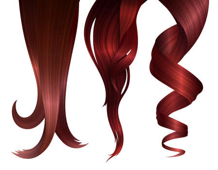 Set of Ginger Wavy Strands of Hair. Vector Realistic 3d Illustration.のイラスト素材