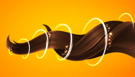Shiny Healthy Brown Hair Lock with Glittering Effect. Bright Sparkling Curls with Light Waves. Vector Realistic 3dのイラスト素材