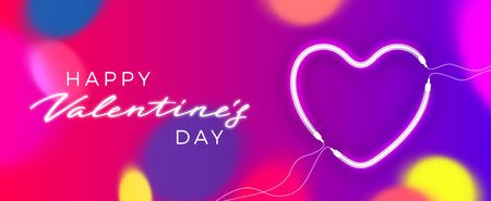 Valentines Day banner with glowing neon heart and colorful bokeh.の写真素材