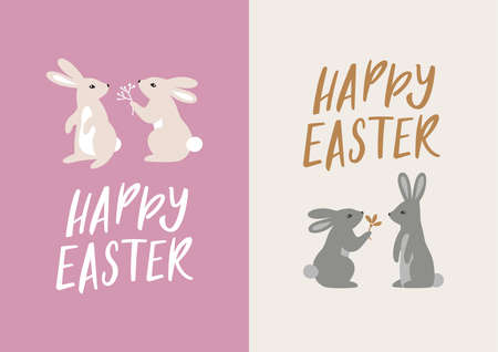 Happy Easter Cards. Set of Vector Easter Illustrations with Cute Rabbits. Perfect for a Poster, Cover, or Postcardのイラスト素材