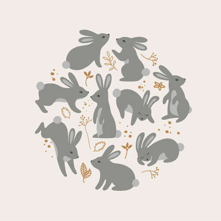Happy Easter Pattern with Rabbits. Trendy Easter Illustration of Bunnies in Pastel Colors. Modern Minimal Style. For Kids Poster, Greeting Card and Holiday Decorationのイラスト素材