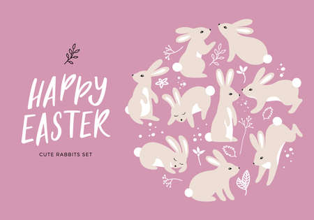 Set of 9 Cute Easter Rabbit with Florals. Vector Illustration of Cartoon Bunnies for Easter Greeting Card and Childrens Postersのイラスト素材