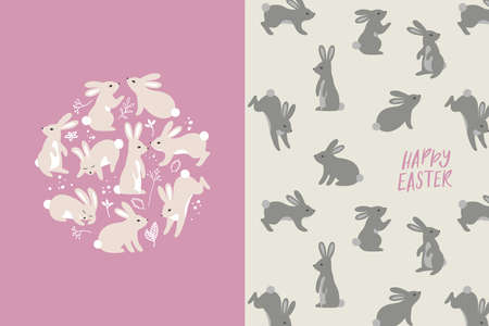 Cute Easter Greeting Cards with Rabbits and Flowers. Easter Bunnies Creative Vector Illustrationsのイラスト素材