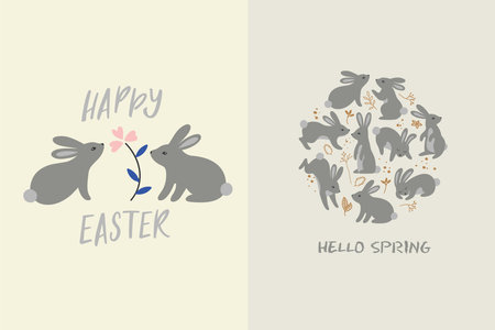 Set of Cute Easter Greeting Cards with Rabbits and Flowers. Easter Bunnies Vector Illustrationsのイラスト素材