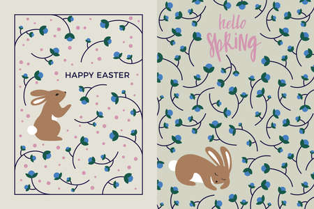 Easter Greeting Card Design Set. Vector Illustration of Cute Bunny and Florals. Easter Rabbit Holiday Posterのイラスト素材