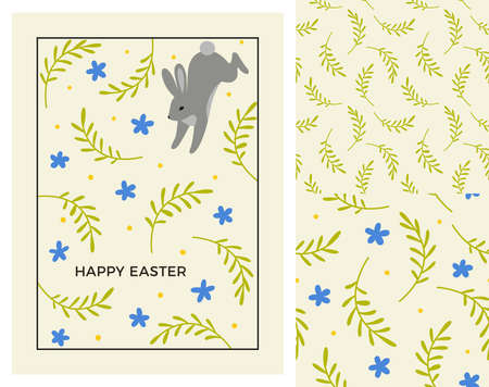 Easter Greeting Card Design with Set of Seamless Patterns. Vector Illustration of Cute Bunny and Florals. Easter Rabbit Holiday Posterのイラスト素材