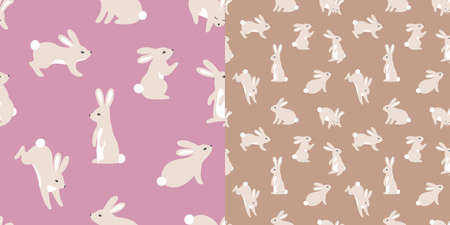 Set of Seamless Patterns with Cartoon Rabbits. Vector Texture for Easter Cards, Banners, Posters and Prints. Illustration of Cute Little Bunniesのイラスト素材
